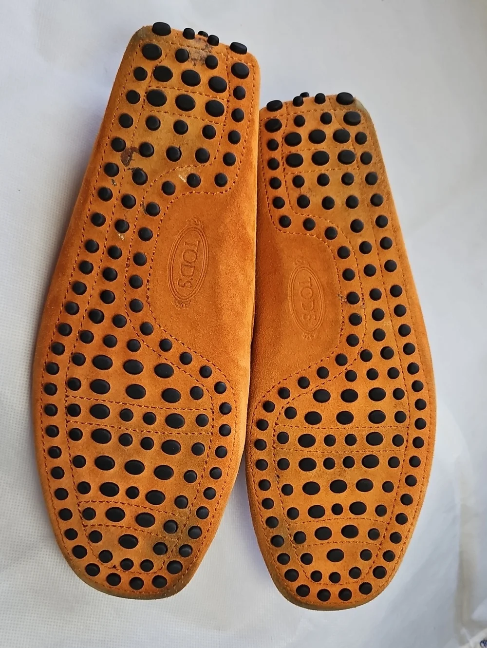 TOD'S Double T Gommino Suede Driving Loafers In Burnt Orange,  Size 5 1/2